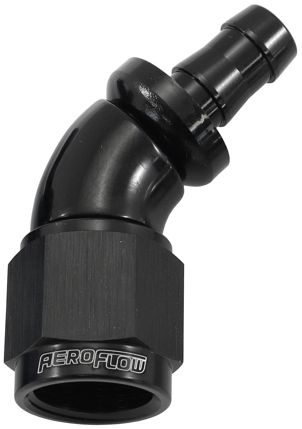 Aeroflow Performance Black Finish. Suits 400 & 500 Series Hose Aeroflow 510 Series Full Flow Tight Radius Push Lock 45° Hose End -6AN To 5/16" (8mm) Bar SR