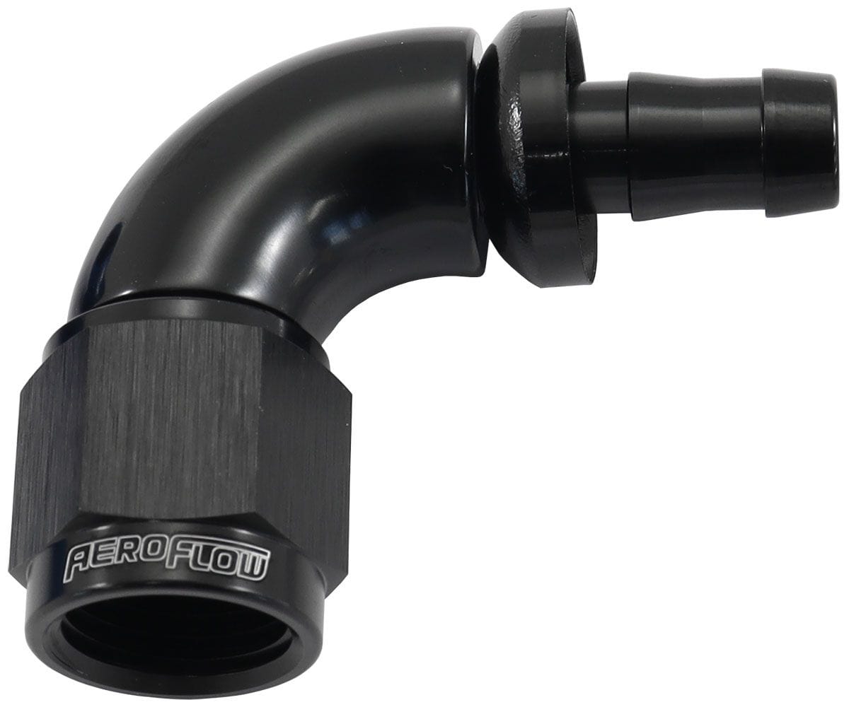 Aeroflow Performance Black Finish. Suits 400 & 500 Series Hose Aeroflow 510 Series Full Flow Tight Radius Push Lock 90° Hose End -6AN To 5/16" (8mm) Bar SR
