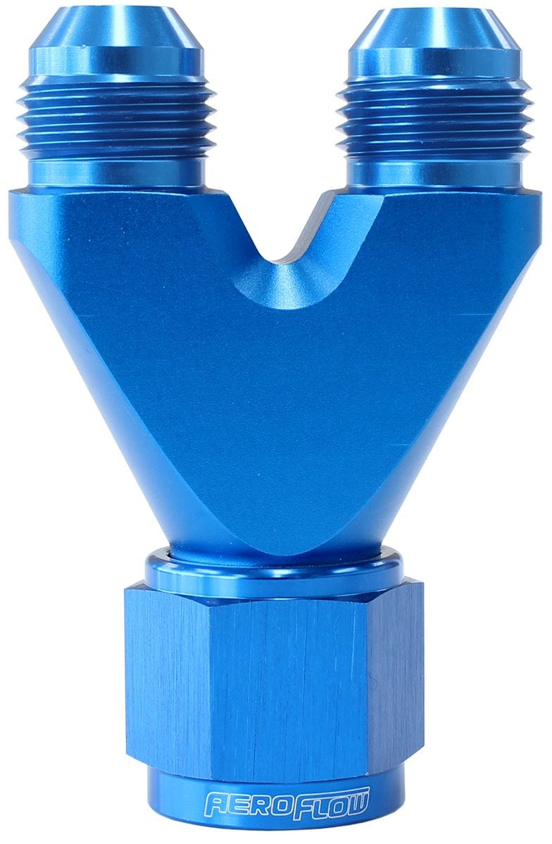 Aeroflow Performance Blue Finish. 1 x -10AN Female, 2 x -8AN Male Aeroflow Billet U-Block with Female Flare AF146-10-08 SR