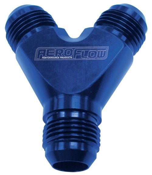 Aeroflow Performance Blue Finish. 1 x -8AN Male, 2 x -6AN Male Aeroflow Billet Y-Block AF930-08-06 SR