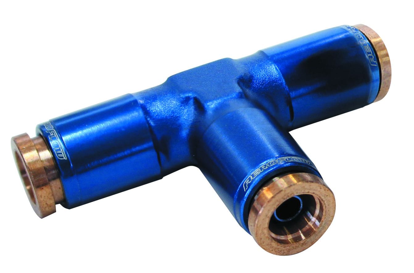 Aeroflow Performance Blue Finish. Suits 120 Series Nylon Hose Aeroflow 120 Series 1/4" Push to Connect Tee Fitting AF125-04 SR