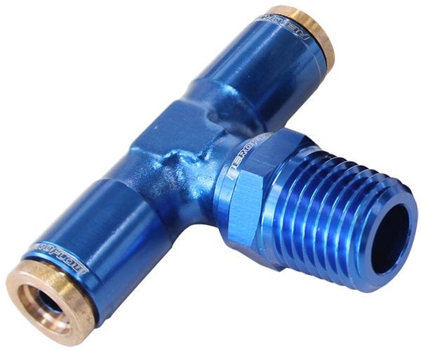 Aeroflow Performance Blue Finish. Suits 120 Series Nylon Hose Aeroflow 120 Series 1/8" NPT to 3/16" Push to Connect Tee Fitting AF124-02 SR