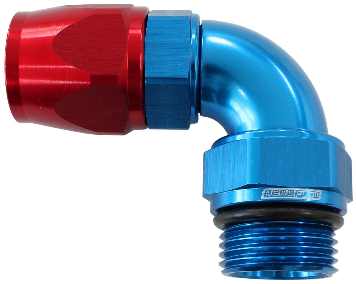 Aeroflow Performance Blue/Red Finish Aeroflow 90° ORB Male Swivel PTFE (Teflon®) Hose End -6 ORB to -6AN AF583-06-06D SR