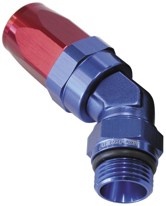 Aeroflow Performance Blue/Red Finish. Suit 100 & 450 Series Hose Aeroflow ORB Taper Swivel 45° Hose End -10 ORB to -10AN AF844-10-10 SR