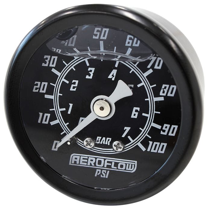 Aeroflow Performance Fuel Systems AF30-2201 1-1/2" Liquid Filled 100 psi Pressure Gauge
Black Face, White Pointer, 1/8" NPT Male Thread SR