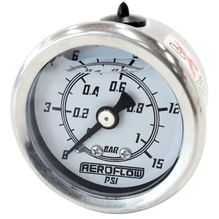 Aeroflow Performance Fuel Systems AF30-2202 1-1/2" Liquid Filled 15 psi Pressure Gauge
White Face, Black Pointer, 1/8" NPT Male Thread SR