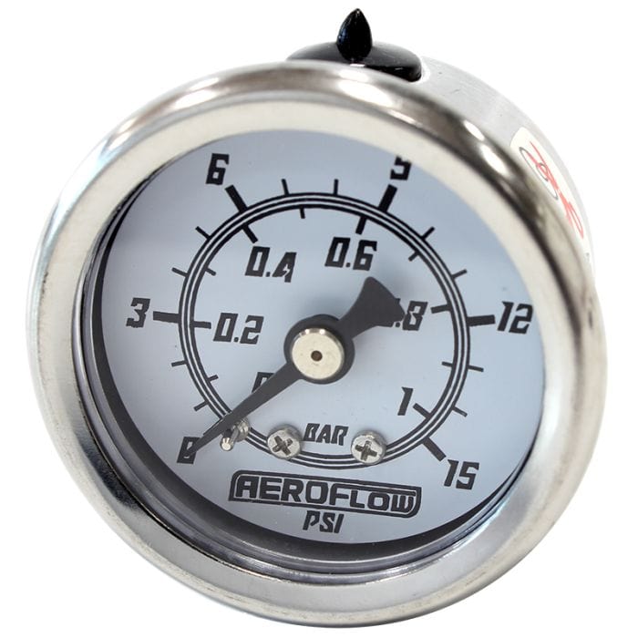 Aeroflow Performance Fuel Systems AF30-2206 1-1/2" 15 psi Pressure Gauge
White Face, Black Pointer, 1/8" NPT Male Thread SR