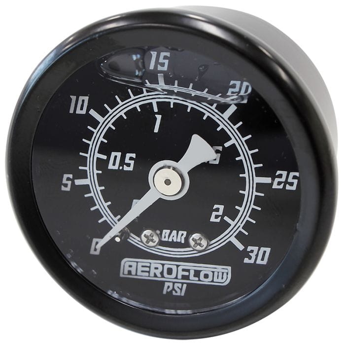 Aeroflow Performance Fuel Systems AF30-2208 1-1/2" Liquid Filled 30 psi Pressure Gauge
Black Face, White Pointer, 1/8" NPT Male Thread SR