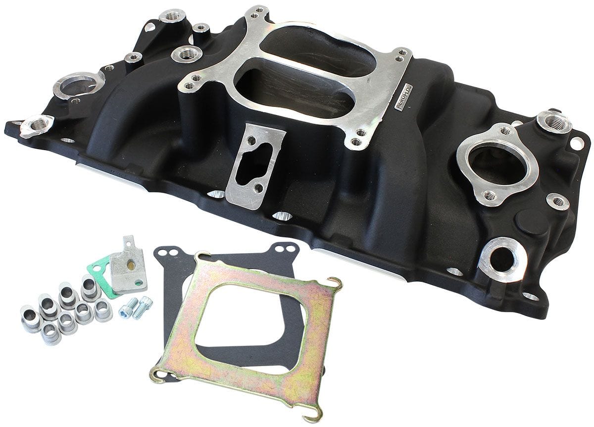 Aeroflow Performance Idle - 5500 RPM, Square Bore Carburettor Pad, EGR Mode l Aeroflow SB Chev Classic Dual Plane Intake Manifold, Black Finish AF6211-1000 SR