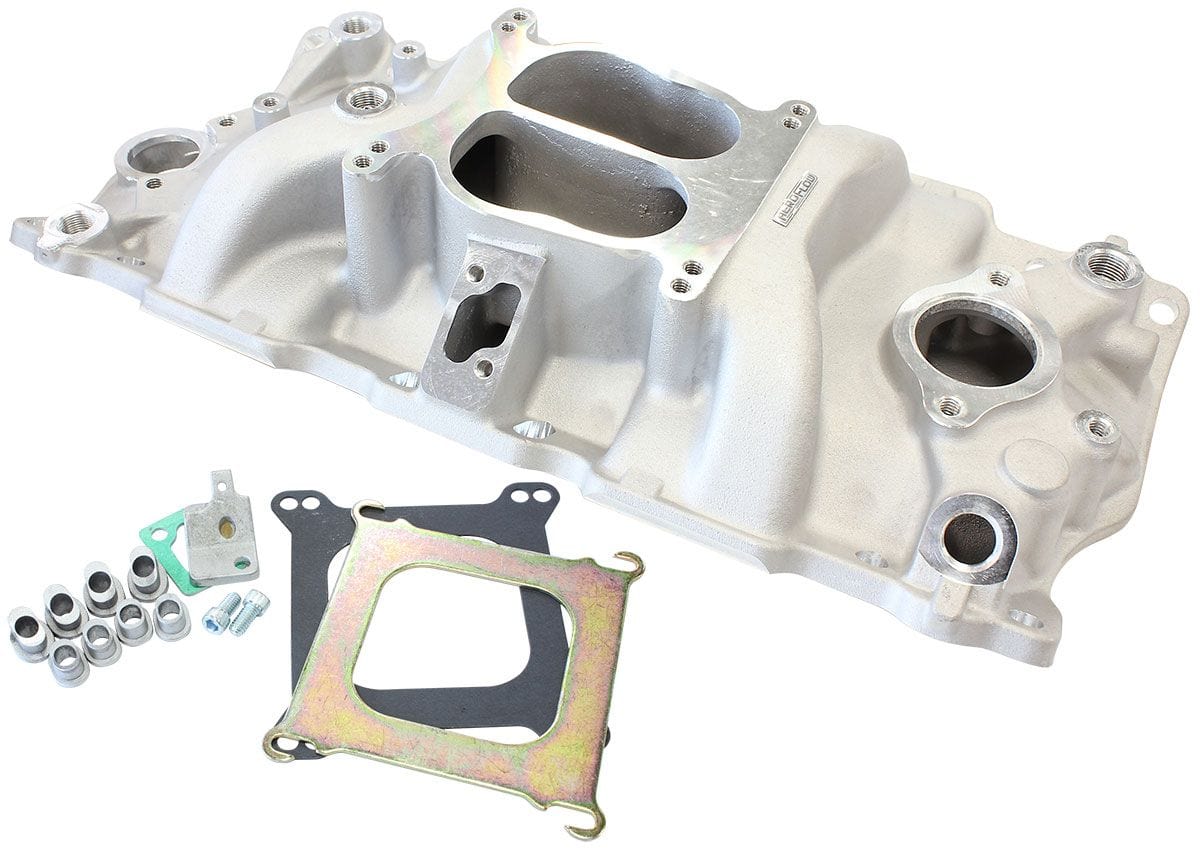 Aeroflow Performance Idle - 5500 RPM, Square Bore Carburettor Pad, EGR Mode l Aeroflow SB Chev Classic Dual Plane Intake Manifold, Natural Cast Finish AF6011-1000 SR