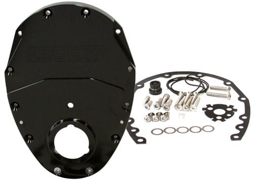 Aeroflow Performance Includes Gaskets, Seals, Roller Cam button, Mounting Hardware and Rep Aeroflow Small Block Chev 350 2-Piece Billet Timing Cover - Black Finish AF64-4350BLK SR