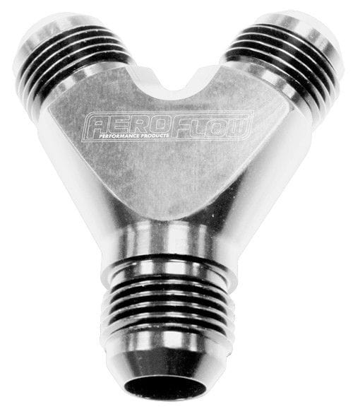 Aeroflow Performance Silver Finish. 3 x -16AN Male Aeroflow Billet Y-Block AF930-16-16S SR