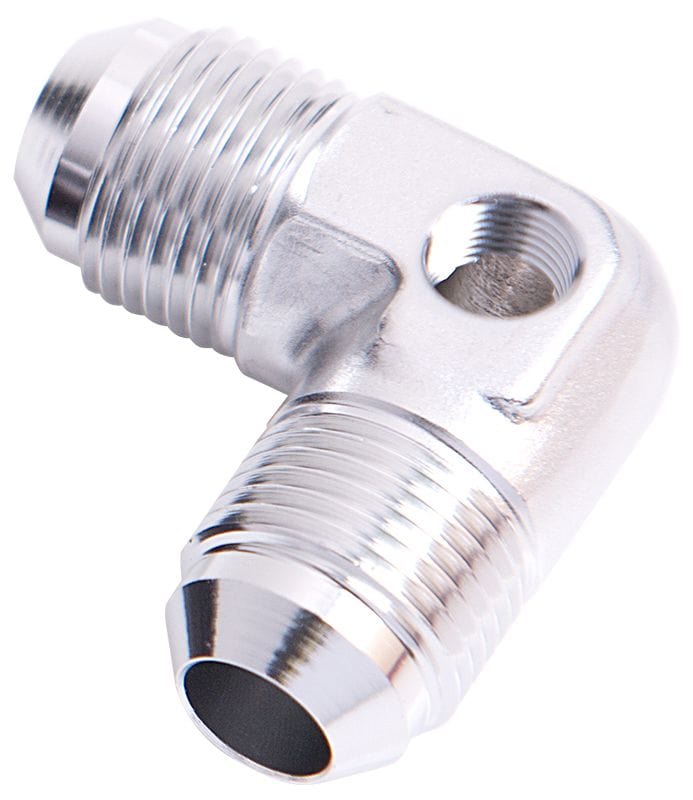 Aeroflow Performance Silver Finish Aeroflow 90° Male Flare Union with 1/8" Port -6AN AF821-06PS SR