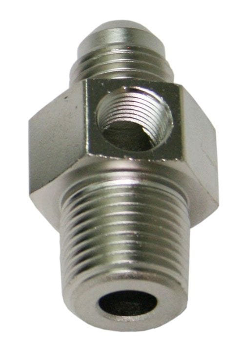 Aeroflow Performance Silver Finish Aeroflow Male NPT to Adapter 1/4" to -8AN with 1/8" Port AF139-08-04S SR