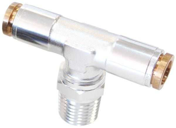 Aeroflow Performance Silver Finish. Suits 120 Series Nylon Hose Aeroflow 120 Series 1/8" NPT to 3/16" Push to Connect Tee Fitting AF124-02S SR