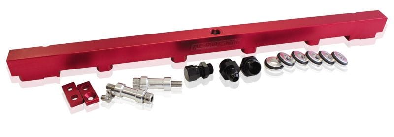 Aeroflow Performance Suit 14mm 3/4" Length and Full Length Fuel Injectors, -8ORB Ports Aeroflow Nissan RB25 Billet EFI Fuel Rail - Red AF64-2010R SR