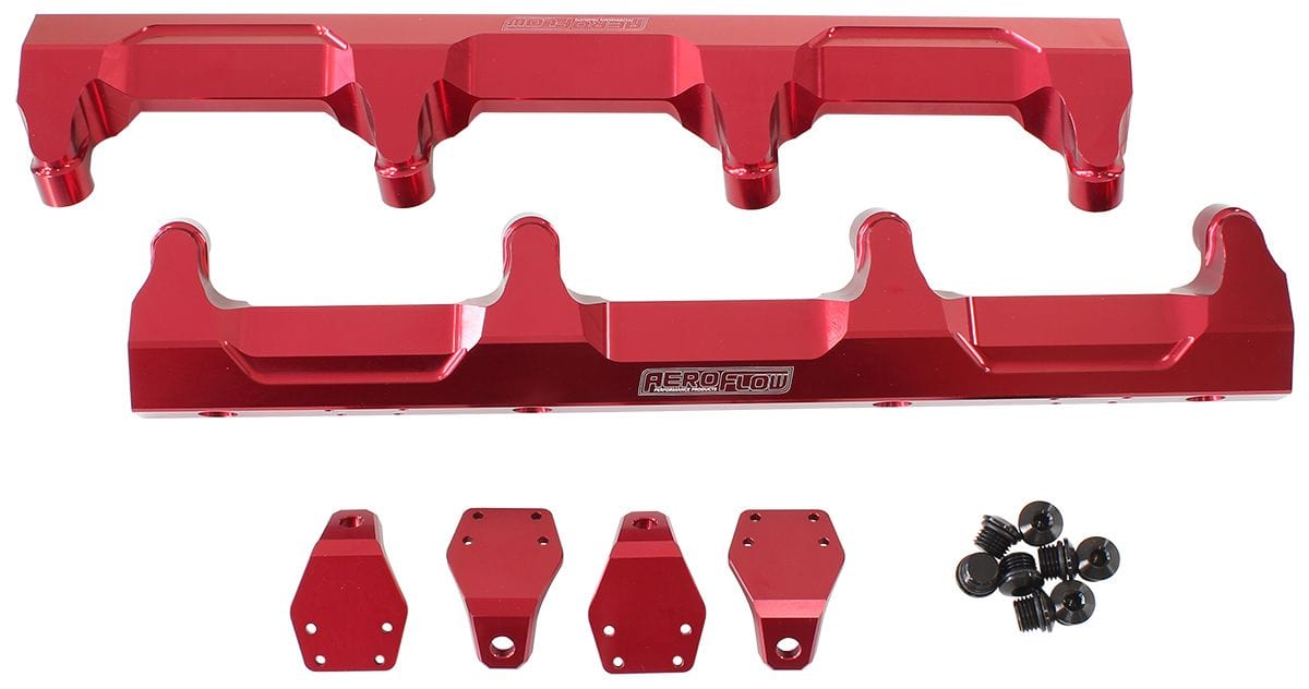 Aeroflow Performance Suit 14mm 3/4" Length Fuel Injectors, -8ORB Ports Aeroflow GM Supercharged LSA Billet EFI Fuel Rails - Red AF64-2124R SR