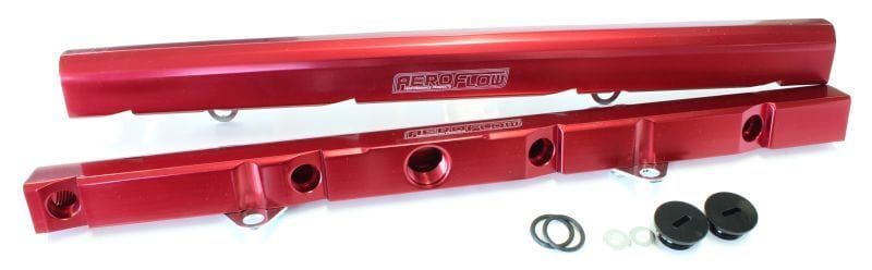 Aeroflow Performance Suit 14mm Full Length Fuel Injectors, -8ORB Ports Aeroflow Ford Windsor 5.0L V8 Billet EFI Fuel Rail - Red AF64-2077R SR