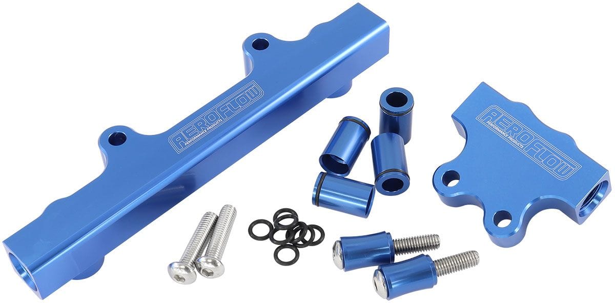 Aeroflow Performance Suit 14mm Full Length Fuel Injectors, -8ORB Ports Aeroflow Mazda Series 4,5 13B Billet EFI Fuel Rails - Blue AF64-2213 SR