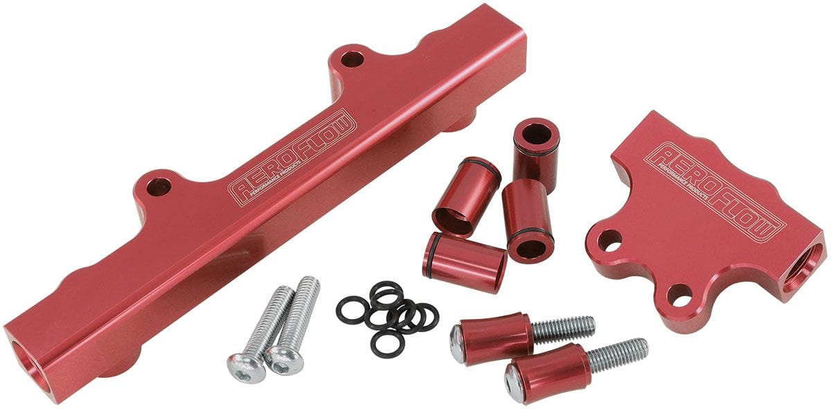 Aeroflow Performance Suit 14mm Full Length Fuel Injectors, -8ORB Ports Aeroflow Mazda Series 4,5 13B Billet EFI Fuel Rails - Red AF64-2213R SR
