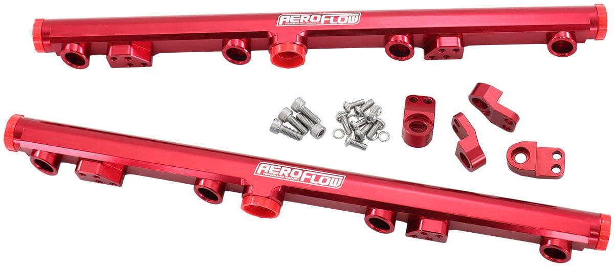 Aeroflow Performance Suit 14mm Short and 3/4" Length Fuel Injectors, -8ORB Ports Aeroflow GM LS1 LS2 LS3 Billet EFI Fuel Rails (Red) AF64-2155R SR