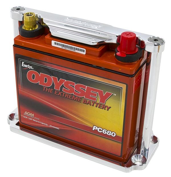 Aeroflow Performance Suit Odyssey ODPC680 battery, Polished finish Aeroflow Billet Aluminium Battery Trays AF64-2100 SR