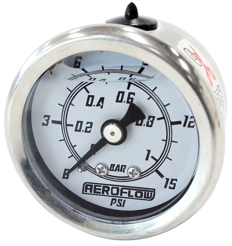 Aeroflow Performance White Face, Black Pointer, 1/8" NPT Male Thread Aeroflow 1-1/2" Liquid Filled 15 psi Pressure Gauge AF30-2202 SR