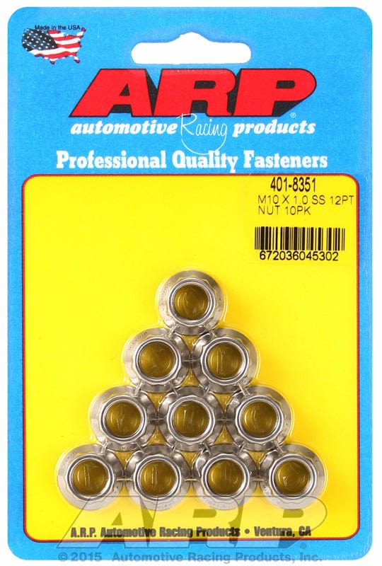 ARP 10mm X 1.00 Thread, 12mm Socket (10-Pack) ARP fasteners 12-Point Nut, Polished S/S AR401-8351 SR