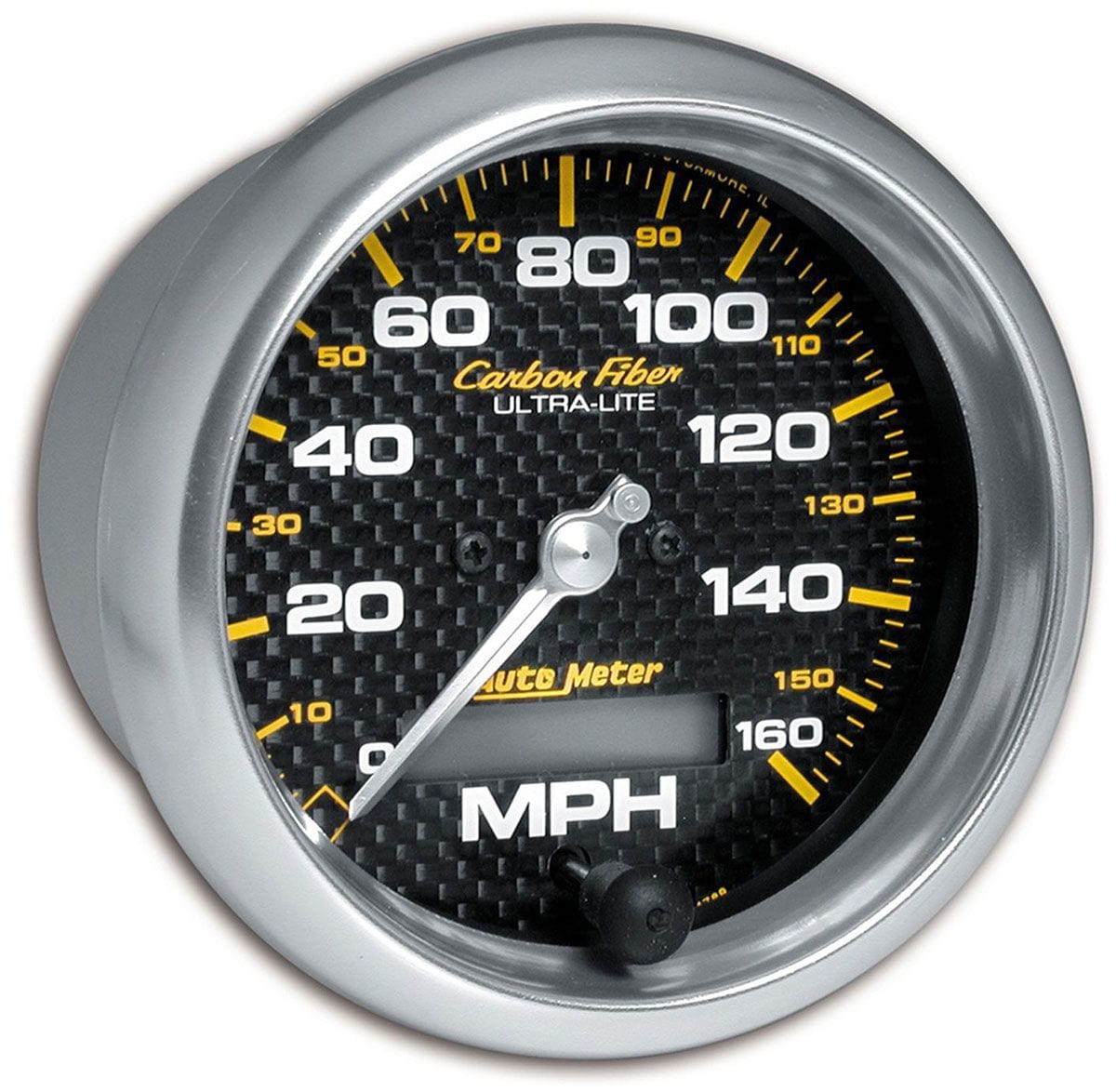 Auto Meter 3-3/8", In-Dash, Electric, Programmable, 0-160 mph Auto Meter Carbon Fiber Series Speedometer AU4789 SR