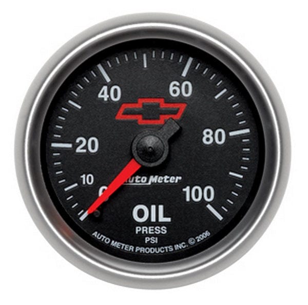 AUTOMETER 2-1/16", Black Dial, Full Sweep Mechanical, 0-100 psi Auto Meter Chev Bow-Tie Oil Pressure Gauge AU3621-00406 SR