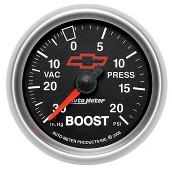 AUTOMETER 2-1/16", Black Dial, Full Sweep Mechanical, 30 in hg / 20 psi Auto Meter Chev Bow-Tie Boost Gauge AU3607-00406 SR