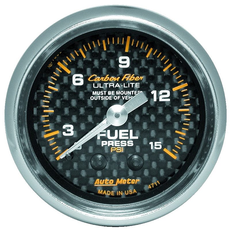 AUTOMETER 2-1/16", Full Sweep Mechanical, 0-15 psi Auto Meter Carbon Fiber Series Fuel Pressure Gauge AU4711 SR