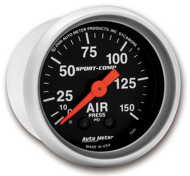 AUTOMETER 2-1/16", Full Sweep Mechanical, 0-150 psi Auto Meter Sport-Comp Series Air Pressure Gauge AU3320 SR