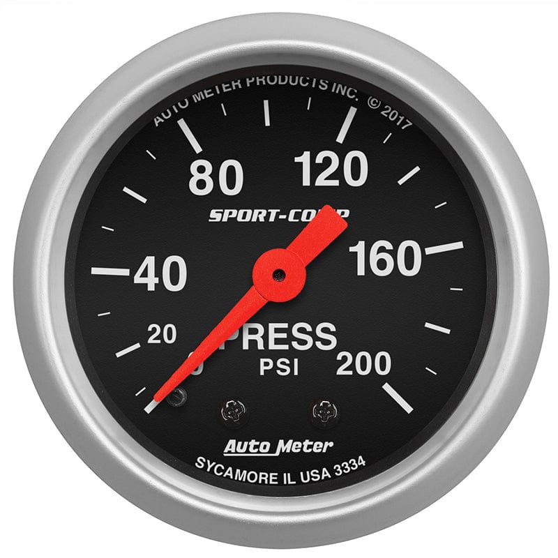AUTOMETER 2-1/16", Full Sweep Mechanical, 0-200 PSI Auto Meter Sport-Comp Series Pressure Gauge AU3334 SR