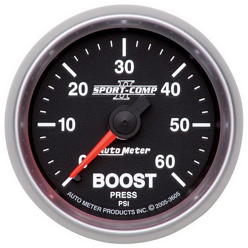 AUTOMETER 2-1/16", Full Sweep Mechanical, 0-60 psi Auto Meter Sport-Comp II Boost Gauge AU3605 SR