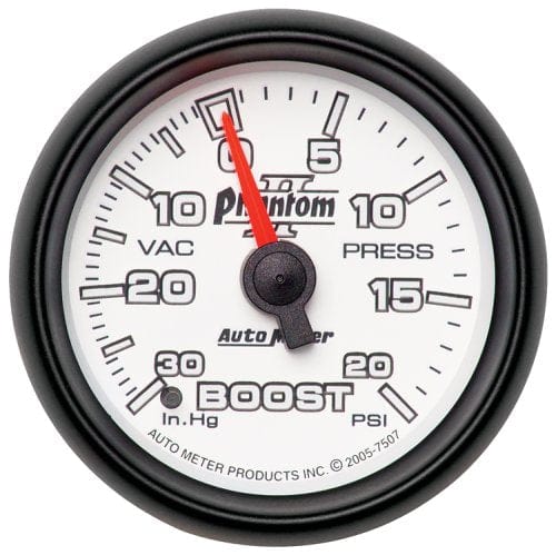 AUTOMETER 2-1/16", Full Sweep Mechanical, 30 In. Hg/20 psi Auto Meter Phantom II Series Boost/Vacuum Gauge AU7507 SR