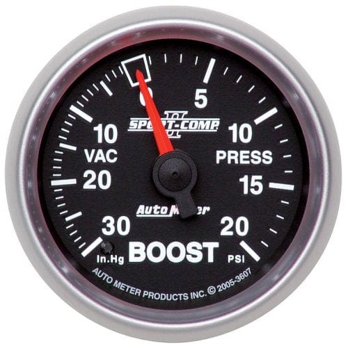 AUTOMETER 2-1/16", Full Sweep Mechanical, 30 In. Hg/20 psi Auto Meter Sport-Comp II Boost/Vacuum Gauge AU3607 SR