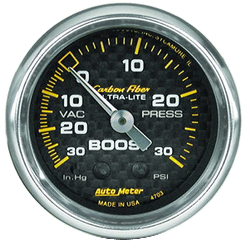 AUTOMETER 2-1/16", Full Sweep Mechanical, 30 In. Hg./30 psi Auto Meter Carbon Fiber Series Boost/Vacuum Gauge AU4703 SR