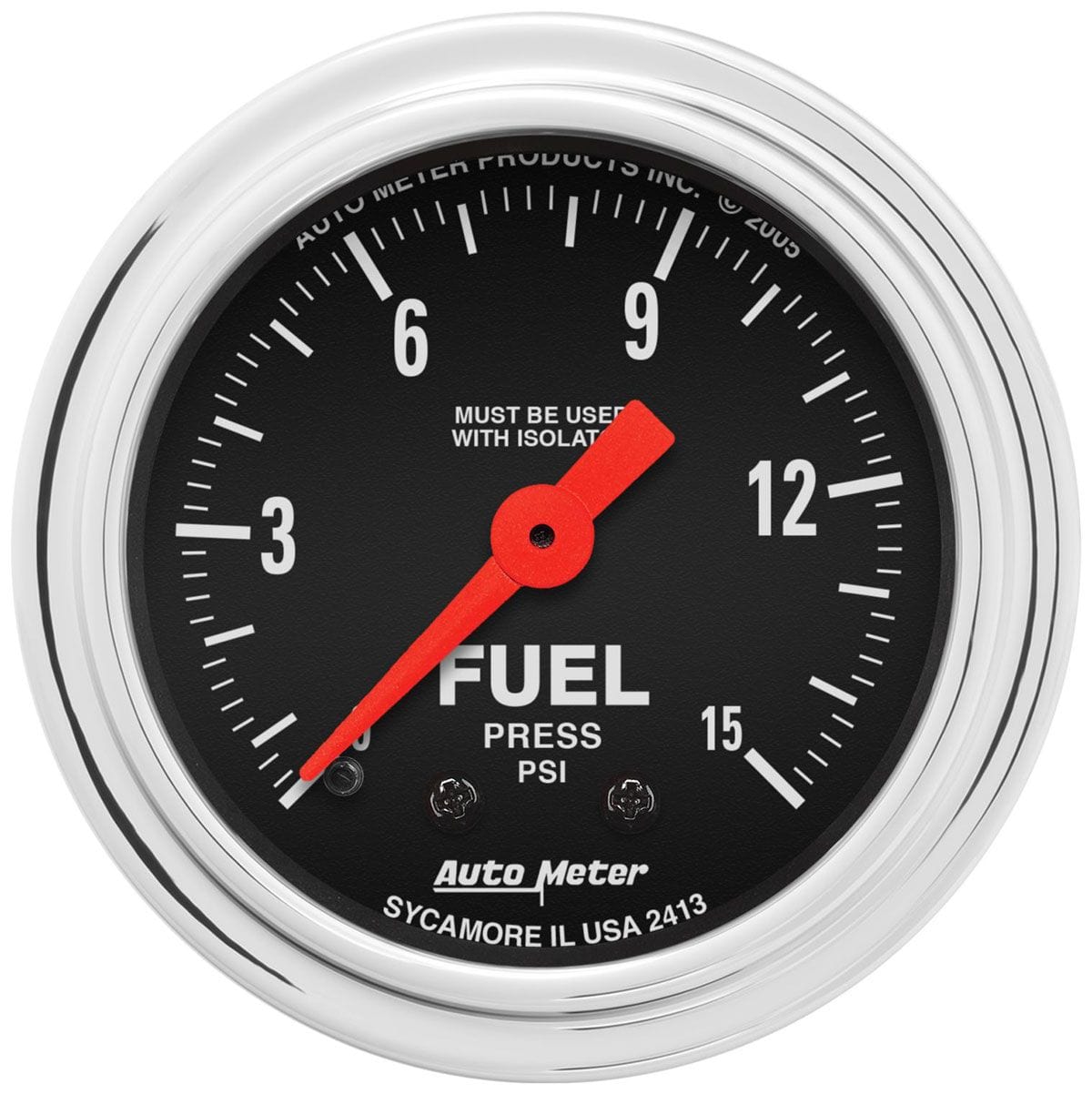 AUTOMETER 2-1/16", Full Sweep Mechanical, w/Isolator, 0-15 psi Auto Meter Traditional Chrome Series Fuel Pressure Gauge AU2413 SR