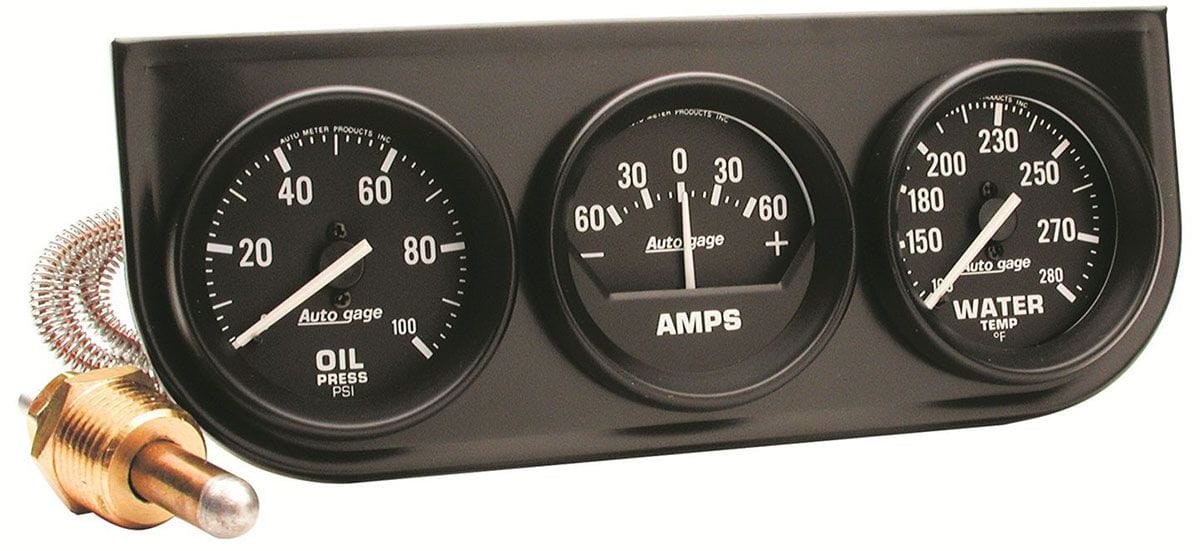 AUTOMETER 2-1/16", Mechanical, Oil Pressure, Water Temperature, Ammeter Auto Meter Auto gage Three-Gauge Console AU2393 SR