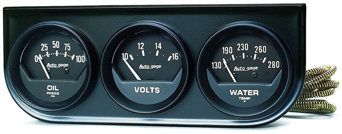 AUTOMETER 2-1/16", Mechanical, Oil Pressure, Water Temperature, Voltmeter Auto Meter Auto gage Three-Gauge Console AU2348 SR