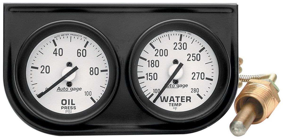 AUTOMETER 2-1/16", Mechanical, White Dial, Oil Press 0-100 psi, Water Temp 100- Auto Meter Auto gage Two-Gauge Console AU2326 SR
