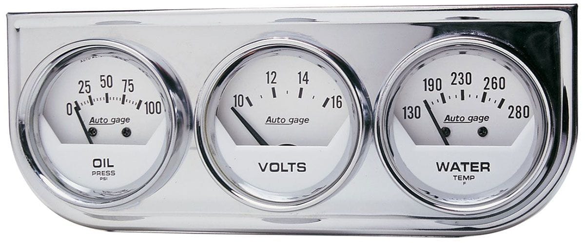 AUTOMETER 2-1/16", Mechanical, White Dial, Oil Pressure, Water Temperature, Vol Auto Meter Auto gage Three-Gauge Chrome Console AU2325 SR