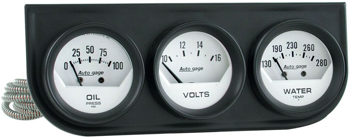 AUTOMETER 2-1/16", Mechanical, White Dial, Oil Pressure, Water Temperature, Vol Auto Meter Auto gage Three-Gauge Console AU2324 SR