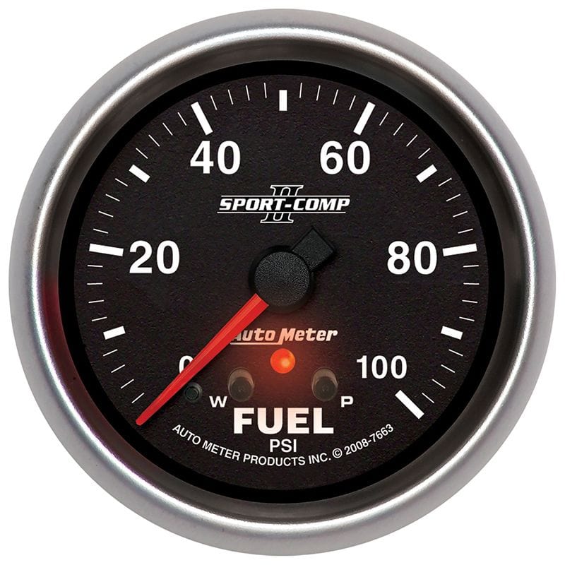 AUTOMETER 2-5/8", Full Sweep Electric, Peak Memory and Warning, 0-100 psi Auto Meter Sport-Comp II Fuel Pressure Gauge AU7663 SR