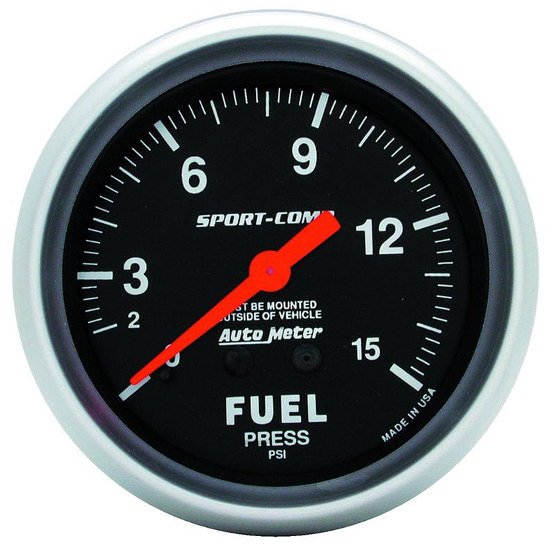 AUTOMETER 2-5/8", Full Sweep Mechanical, 0-15 psi Auto Meter Sport-Comp Series Fuel Pressure Gauge AU3411 SR