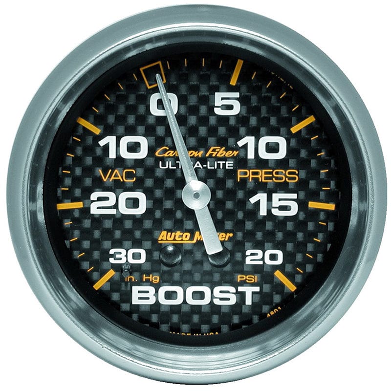 AUTOMETER 2-5/8", Full Sweep Mechanical, 30 In. Hg./20 psi Auto Meter Carbon Fiber Series Boost/Vacuum Gauge AU4801 SR