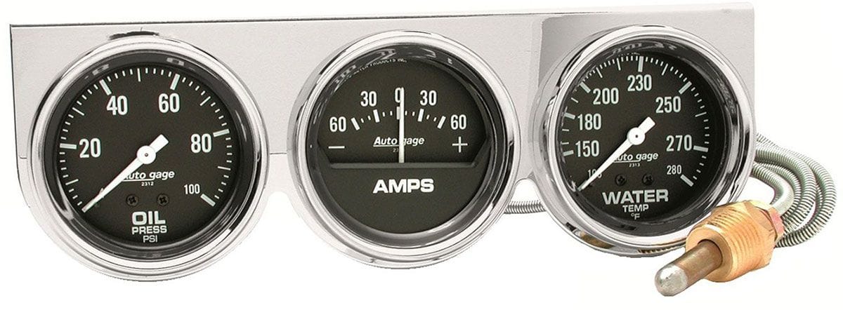 AUTOMETER 2-5/8", Mechanical, Oil Pressure, Water Temperature, Ammeter Auto Meter Auto gage Three-Gauge Chrome Console AU2395 SR