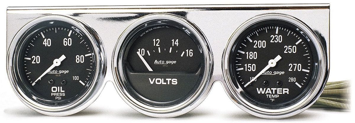 AUTOMETER 2-5/8", Mechanical, Oil Pressure, Water Temperature, Voltmeter Auto Meter Auto gage Three-Gauge Chrome Console AU2399 SR