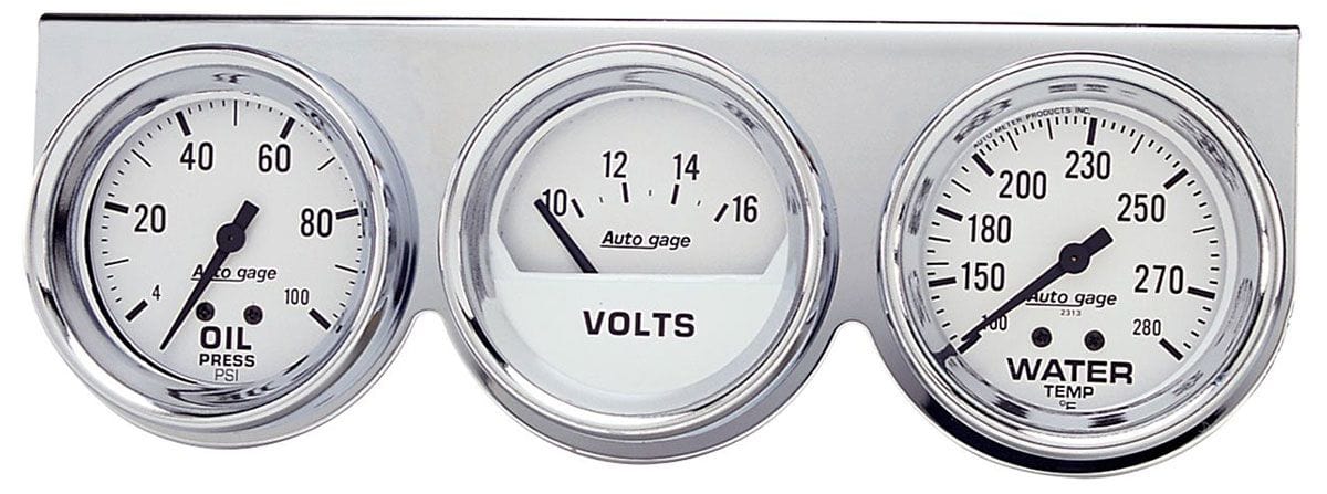AUTOMETER 2-5/8", Mechanical, White Dial, Oil Pressure, Water Temperature, Volt Auto Meter Auto gage Three-Gauge Chrome Console AU2329 SR